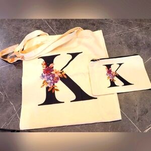 Floral Initial K Tote and Makeup Bag Set